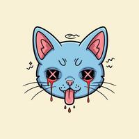 The image shows a stylized cartoon cat with bleeding eyes, a protruding tongue, and a distressed expression. vector