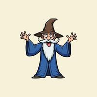 The image shows a comical cartoon wizard in a blue robe and brown hat expressing surprise with his arms outstretched. vector