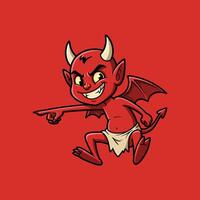 A cute cartoon devil points accusingly with a mischievous grin on its face against a solid red background. vector