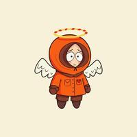 A sad cartoon depiction of Stan Marsh from South Park, dressed as an angel with wings and a halo. vector