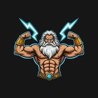 A powerful, muscular god figure flexing his biceps with lightning bolts behind him a striking depiction of strength and might. vector