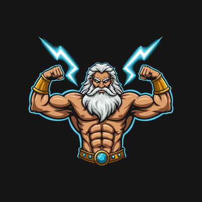 A powerful, muscular god figure flexing his biceps with lightning bolts behind him a striking depiction of strength and might.