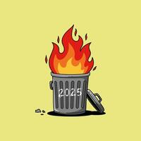 A cartoon illustration depicts the year 2025 burning inside a metal trash can symbolizing a failed or discarded year. vector
