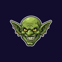 The image showcases a cartoon goblin head with a wicked smile, pointed ears, and piercing yellow eyes against a dark background. vector