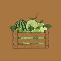 A wooden crate overflowing with a variety of fresh green fruits including watermelon, cantaloupe melons and apples. vector