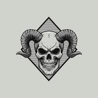 The image shows a detailed illustration of a skull with large curved horns set within a diamond-shaped frame. vector