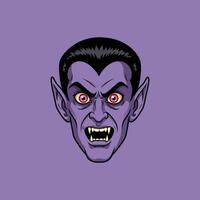 The image shows a stylized illustration of a vampire's head with sharp fangs and glowing red eyes against a purple background. vector