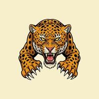 A fierce jaguar illustration showing a close up of its head and paws ready to attack. vector