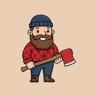 A cheerful cartoon lumberjack with a beard holds a large axe, dressed in a red plaid shirt and beanie. vector