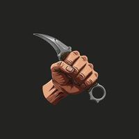 The image shows a stylized illustration of a hand gripping a karambit knife, emphasizing strength and control. vector