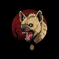 An illustration of a ferocious hyena with glowing eyes snarling against a backdrop of a blood red moon and a barren tree. vector