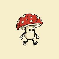 The image depicts a cute cartoon mushroom character with red and white dots walking in a retro style. vector