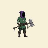 A hooded executioner character illustration holding a large battle axe, set against a beige background. vector