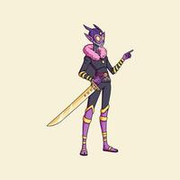 A stylized alien warrior character illustration wielding a golden sword and pointing, showcasing a fantasy design aesthetic. vector