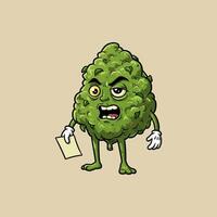 A cartoon depiction of an angry marijuana bud holding a piece of paper, showcasing a comical and vibrant style. vector