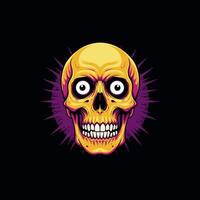A stylized illustration of a golden skull with exaggerated features against a dark purple background. vector