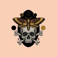A stylized illustration depicts a moth perched atop a skull crossed with bones, surrounded by moon phases. vector