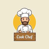 A cartoon chef with a beard wearing a chef's hat sits behind a wooden sign that says Cook Chef. vector