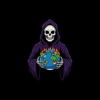 A grim reaper figure in a purple robe holds a burning globe symbolizing environmental destruction. vector