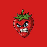 A cartoon illustration of a red strawberry with an angry facial expression. vector