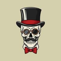 A stylized illustration of a skull dressed in formal attire including a top hat bow tie and round glasses. vector