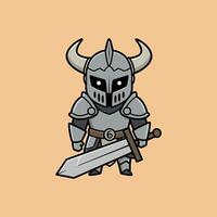 A small cartoon knight in silver armor holds a large sword, a cute and stylized image. vector