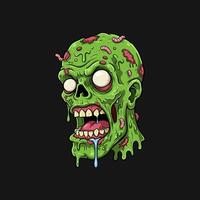 The image shows a detailed illustration of a decaying zombie head with maggots crawling on it and slime dripping down. vector