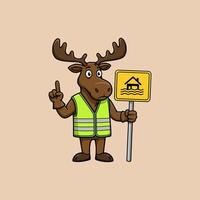 A cartoon moose wearing a safety vest holds a flood warning sign advising of home flood risk. vector