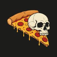 A stylized illustration depicts a skull taking a large bite from a slice of pepperoni pizza with melted cheese. vector