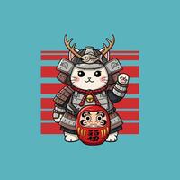A charming cartoon illustration of a cute cat dressed as a samurai with antlers and holding a daruma doll. vector