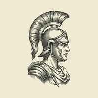 A detailed line drawing depicting the profile of a Roman centurion in full armor, showcasing his helmet and shoulder pieces. vector