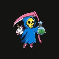 A stylized cartoon Grim Reaper figure carries a bag of marijuana and a unicorn puppet. vector