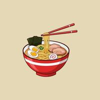 A cartoon illustration depicts a bowl of ramen noodles being lifted with chopsticks the bowl is red and white and the ramen contains sliced pork, egg, and seaweed. vector
