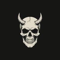 The image showcases a detailed illustration of a skull with horns against a solid black background creating a dark and ominous aesthetic. vector