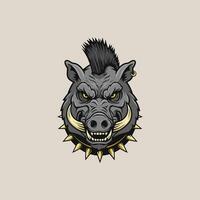 A fierce illustration of a wild boar head featuring a mohawk, spiked collar, and intense expression. vector