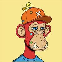 A stylized cartoon illustration of a red monkey wearing an orange cap with a lightbulb on top. vector
