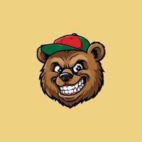 The image shows a cartoon illustration of a brown bears head wearing a red and green baseball cap and showing an aggressive grin. vector