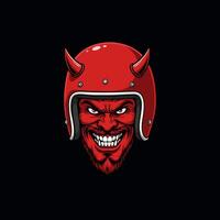 A menacing illustration of a red devils head wearing a red motorcycle helmet with horns. vector