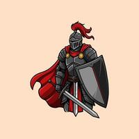 The image depicts a valiant medieval knight in full armor wielding a sword and shield ready for battle. vector