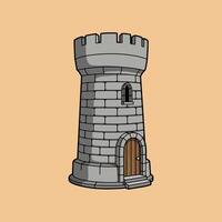 The image shows a cartoon illustration of a stone tower with crenellations, a wooden door, and a small window. vector