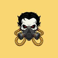 A stylized skull head wearing a gas mask with multiple tubes connected to it, presented against a yellow background. vector