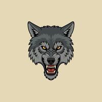 The image shows a stylized graphic design of a grey wolf's head snarling with bared teeth. vector