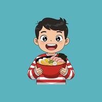 A cheerful cartoon boy happily holds a large bowl of steaming ramen noodles topped with eggs and pork. vector