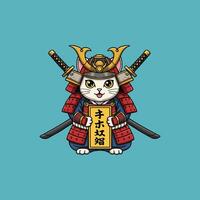 A cute cartoon cat dressed in a samurai suit holds a scroll, showcasing a blend of Japanese culture and adorable imagery. vector