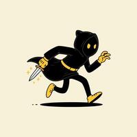 A stylized illustration depicts a hooded figure in black attire, running swiftly while carrying a dagger. vector