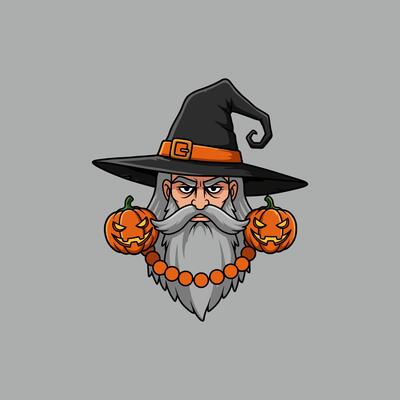 A cartoon illustration of a stern-faced wizard wearing a witch's hat, adorned with jack-o'-lanterns and beads.