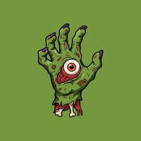 A cartoon illustration depicts a decaying green zombie hand with a single eye in the palm and exposed bone fragments. vector