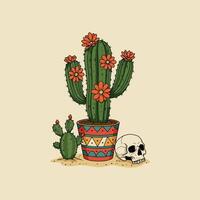 A blooming cactus in a colorful pot sits beside a small cactus and a skull in the sand, evoking a Day of the Dead theme. vector