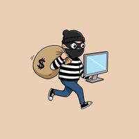 A cartoon illustration depicts a thief in a striped shirt and mask running away with a bag of money and a computer. vector