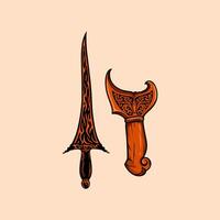 An illustration showcases a Javanese keris and a dapur, traditional Indonesian weapons, adorned with intricate carvings. vector